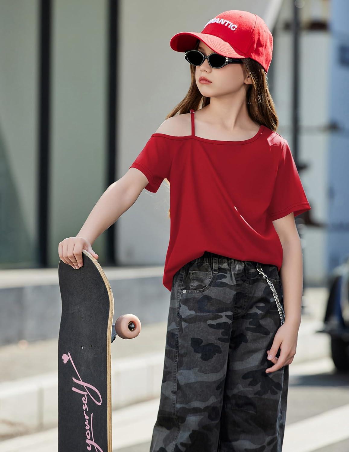 image:imageArshiner Girls T Shirts Trendy Street Style One Shoulder Sleeve Casual Kids Blouse Soft Summer Tees TopsRed