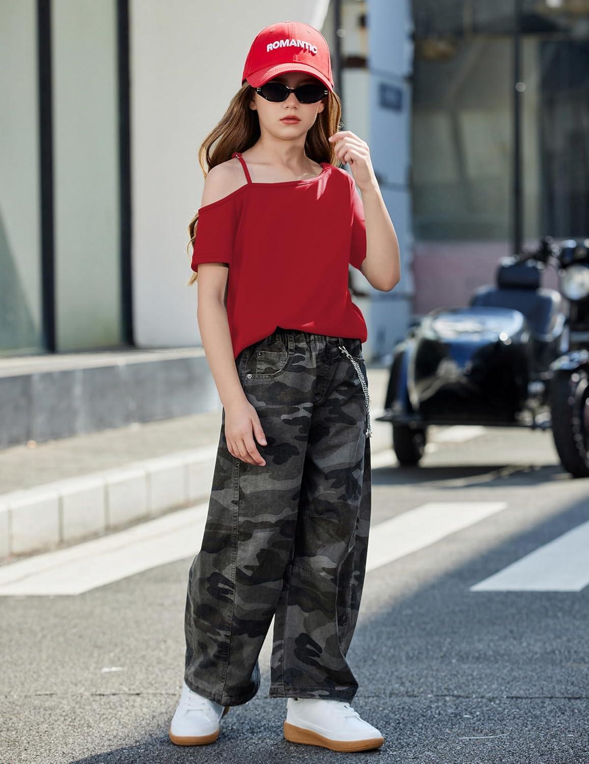 image:imageArshiner Girls T Shirts Trendy Street Style One Shoulder Sleeve Casual Kids Blouse Soft Summer Tees TopsRed