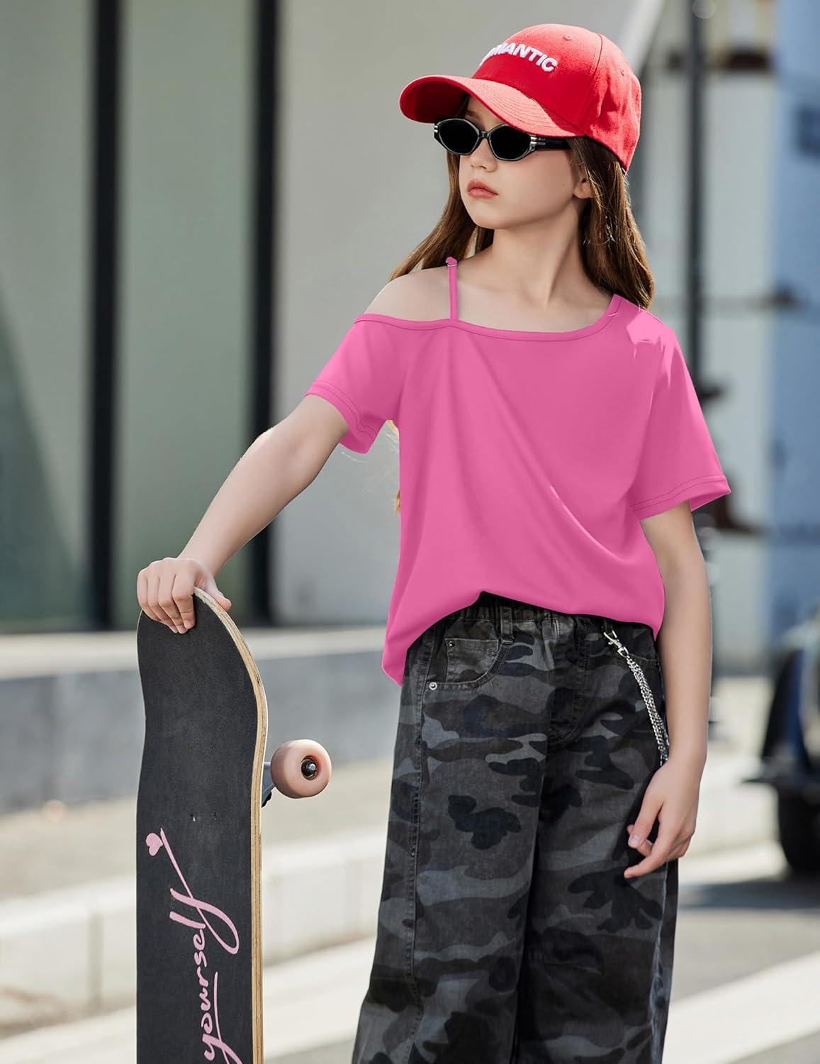 image:imageArshiner Girls T Shirts Trendy Street Style One Shoulder Sleeve Casual Kids Blouse Soft Summer Tees TopsRose Red