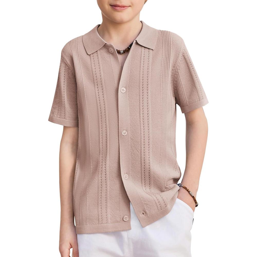 image:imageArshiner Boys Button Down Shirt Short Sleeve Knit Fashion Casual Beach Shirts for Kids Size 411 YearsKhaki