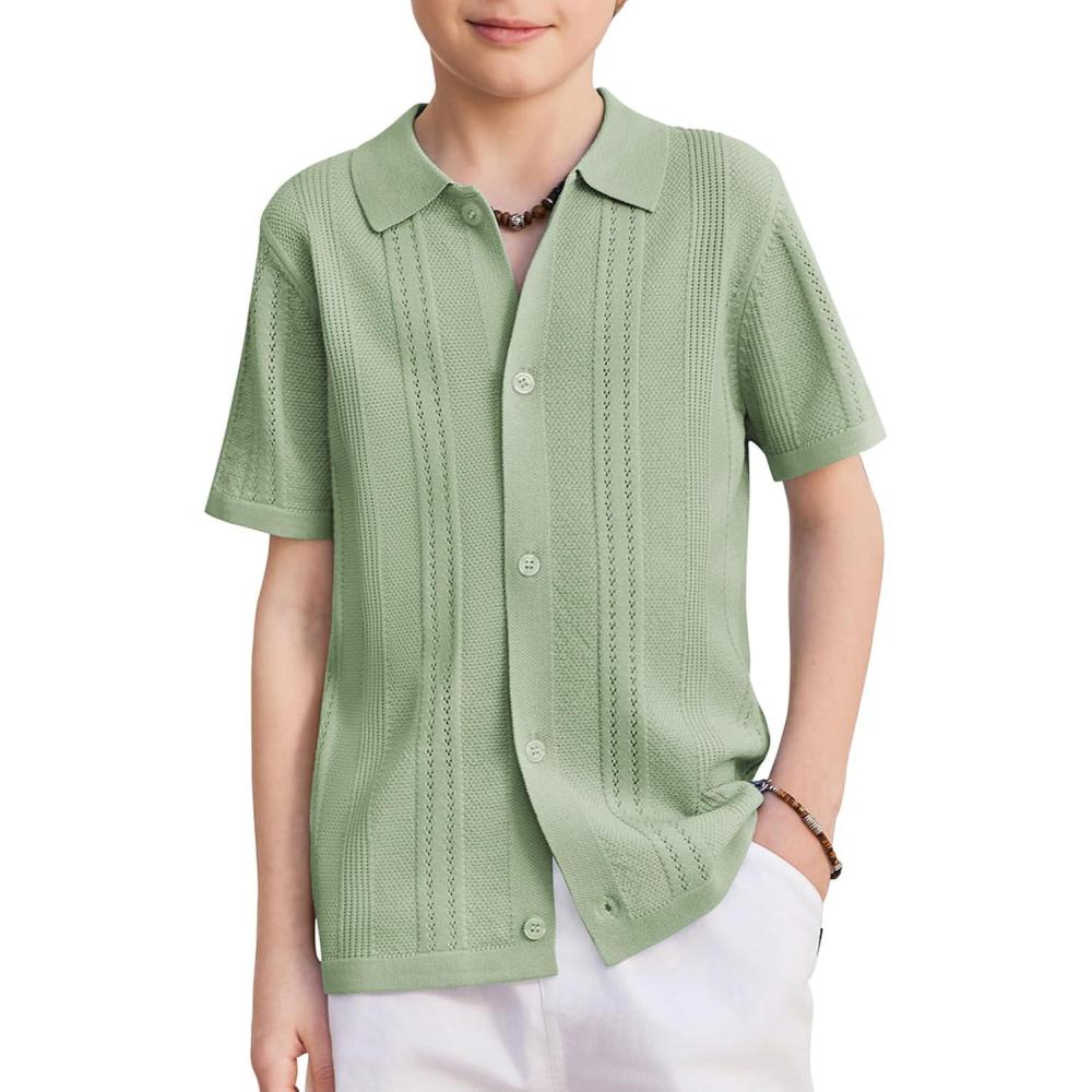 image:imageArshiner Boys Button Down Shirt Short Sleeve Knit Fashion Casual Beach Shirts for Kids Size 411 YearsLake Green