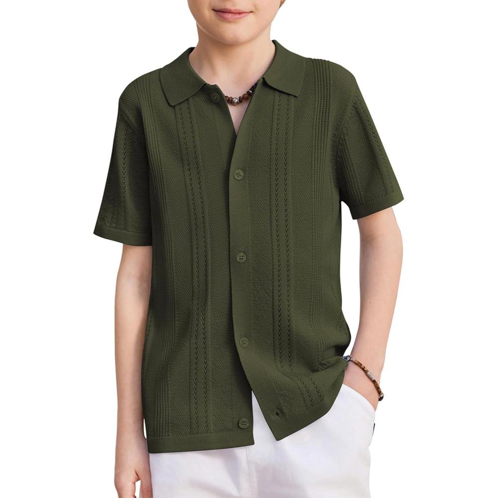 image:imageArshiner Boys Button Down Shirt Short Sleeve Knit Fashion Casual Beach Shirts for Kids Size 411 YearsMilitary Green