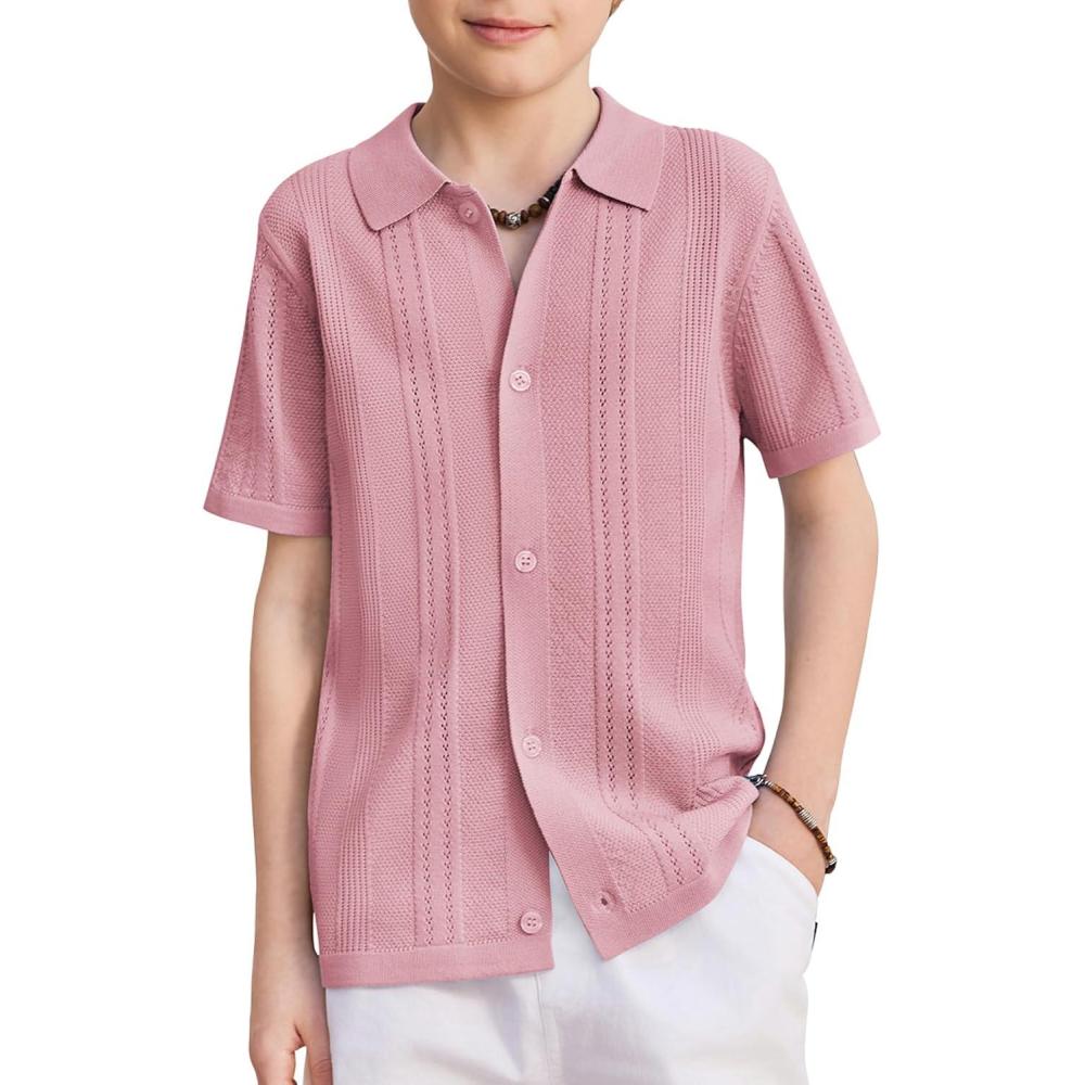 image:imageArshiner Boys Button Down Shirt Short Sleeve Knit Fashion Casual Beach Shirts for Kids Size 411 YearsPink