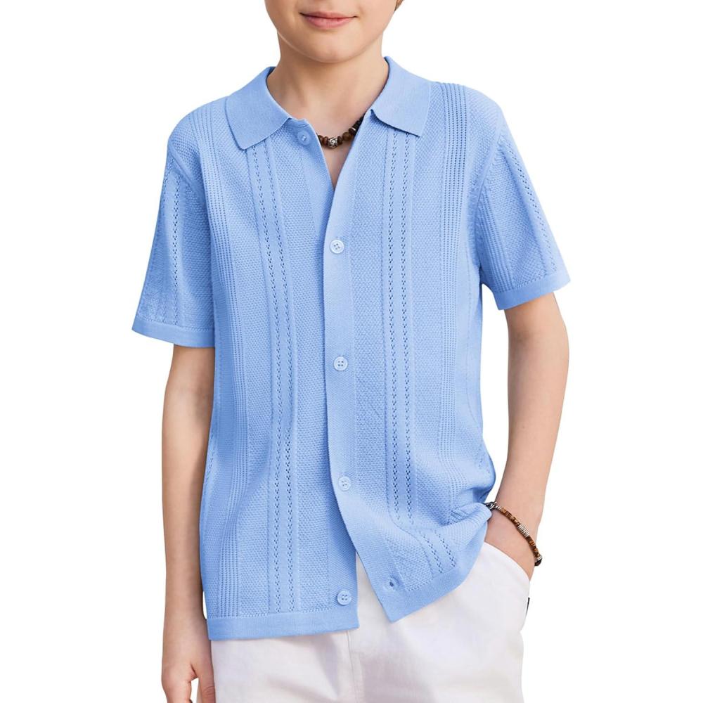 image:imageArshiner Boys Button Down Shirt Short Sleeve Knit Fashion Casual Beach Shirts for Kids Size 411 YearsSky Blue
