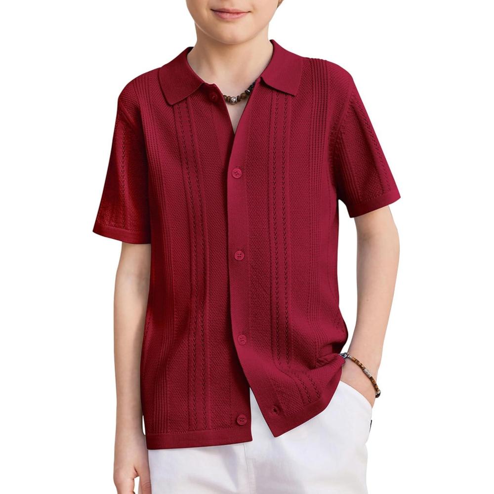 image:imageArshiner Boys Button Down Shirt Short Sleeve Knit Fashion Casual Beach Shirts for Kids Size 411 YearsWine Red