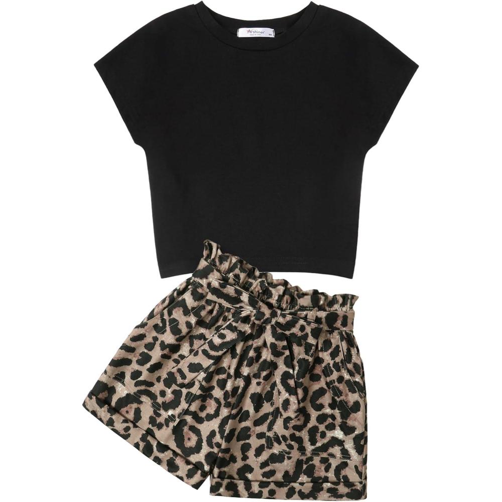 image:imageArshiner Girls 2 Piece Outfit Summer Drop Shoulder Batwing Sleeve Tops and Paperbag Waist Shorts Set Cute Clothing Size 614Blackleopard
