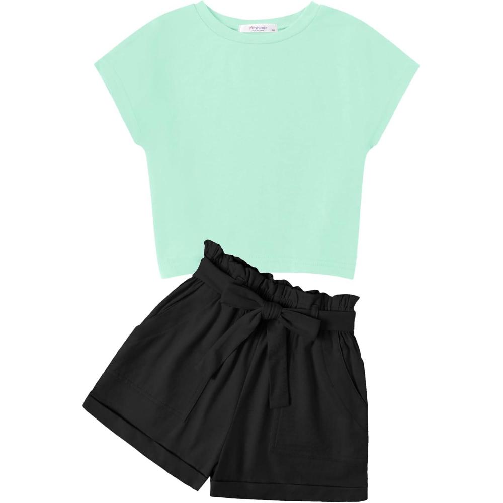 image:imageArshiner Girls 2 Piece Outfit Summer Drop Shoulder Batwing Sleeve Tops and Paperbag Waist Shorts Set Cute Clothing Size 614Green Black
