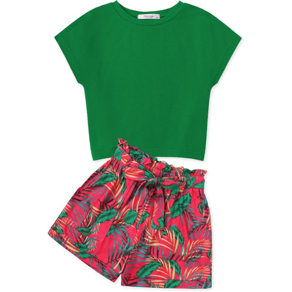 image:imageArshiner Girls 2 Piece Outfit Summer Drop Shoulder Batwing Sleeve Tops and Paperbag Waist Shorts Set Cute Clothing Size 614Green Leaf