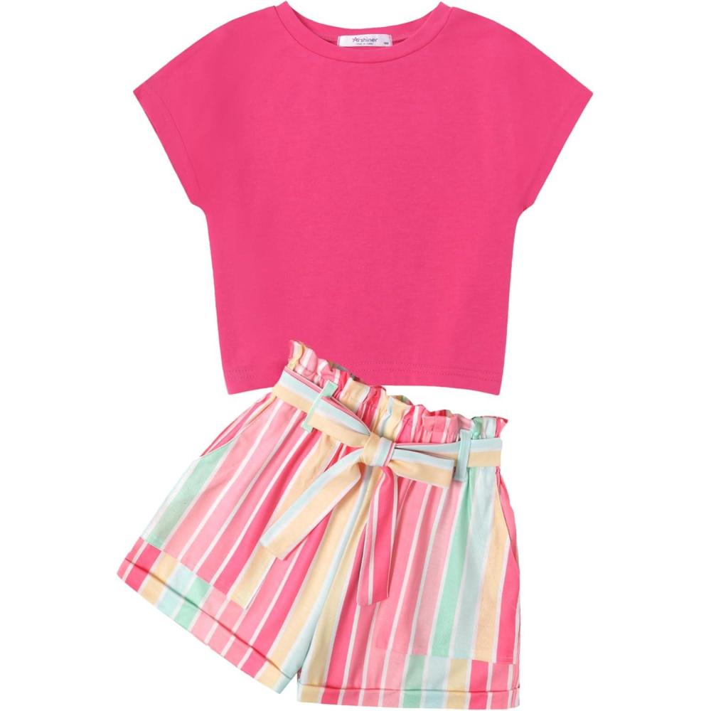 image:imageArshiner Girls 2 Piece Outfit Summer Drop Shoulder Batwing Sleeve Tops and Paperbag Waist Shorts Set Cute Clothing Size 614Hot Pinkstrips