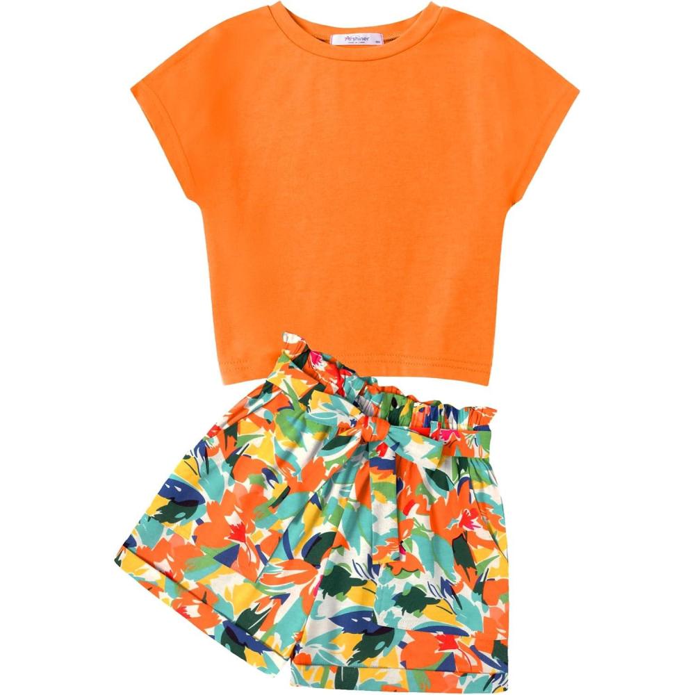 image:imageArshiner Girls 2 Piece Outfit Summer Drop Shoulder Batwing Sleeve Tops and Paperbag Waist Shorts Set Cute Clothing Size 614Orange Print