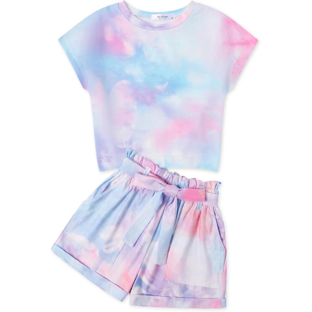 image:imageArshiner Girls 2 Piece Outfit Summer Drop Shoulder Batwing Sleeve Tops and Paperbag Waist Shorts Set Cute Clothing Size 614Tiedye