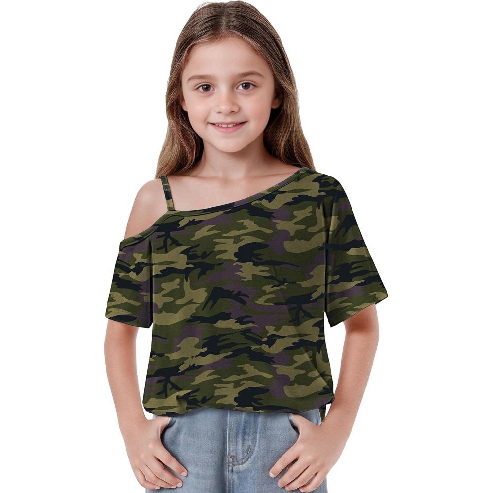 image:imageArshiner Girls T Shirts Trendy Street Style One Shoulder Sleeve Casual Kids Blouse Soft Summer Tees TopsCamo