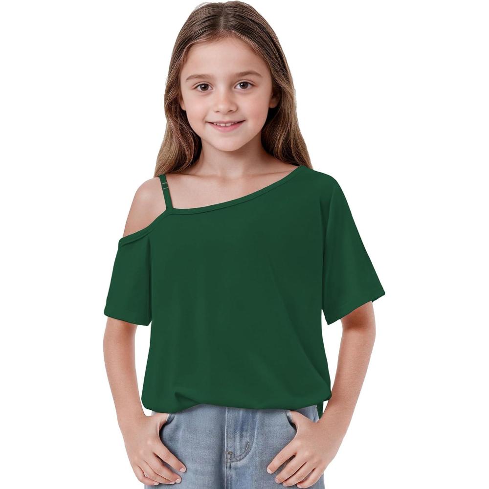 image:imageArshiner Girls T Shirts Trendy Street Style One Shoulder Sleeve Casual Kids Blouse Soft Summer Tees TopsGreen