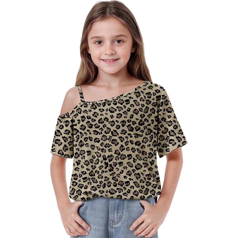 image:imageArshiner Girls T Shirts Trendy Street Style One Shoulder Sleeve Casual Kids Blouse Soft Summer Tees TopsLeopard Print