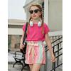Arshiner Girls 2 Piece Outfit Summer Drop Shoulder Batwing Sleeve Tops and Paperbag Waist Shorts Set Cute Clothing Size 6-14(Hot Pink+strips)