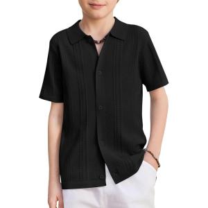 Arshiner Boys Button Down Shirt Short Sleeve Knit Fashion Casual Beach Shirts for Kids Size 4-11 Years(Black)