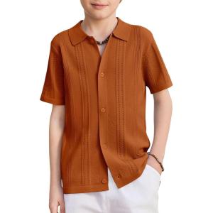 Arshiner Boys Button Down Shirt Short Sleeve Knit Fashion Casual Beach Shirts for Kids Size 4-11 Years(Light Brown)