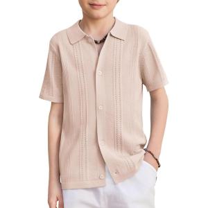 Arshiner Boys Button Down Shirt Short Sleeve Knit Fashion Casual Beach Shirts for Kids Size 4-11 Years(Light Khaki)
