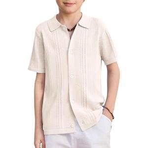 Arshiner Boys Button Down Shirt Short Sleeve Knit Fashion Casual Beach Shirts for Kids Size 4-11 Years(Milky White)