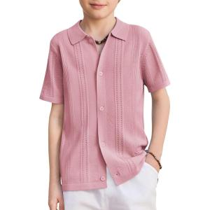 Arshiner Boys Button Down Shirt Short Sleeve Knit Fashion Casual Beach Shirts for Kids Size 4-11 Years(Pink)