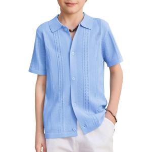 Arshiner Boys Button Down Shirt Short Sleeve Knit Fashion Casual Beach Shirts for Kids Size 4-11 Years(Sky Blue)