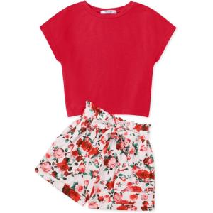 Arshiner Girls 2 Piece Outfit Summer Drop Shoulder Batwing Sleeve Tops and Paperbag Waist Shorts Set Cute Clothing Size 6-14(Red Flower)