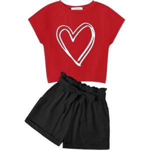 Arshiner Girls 2 Piece Outfit Summer Drop Shoulder Batwing Sleeve Tops and Paperbag Waist Shorts Set Cute Clothing Size 6-14(Red-heart)