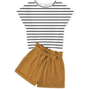 Arshiner Girls 2 Piece Outfit Summer Drop Shoulder Batwing Sleeve Tops and Paperbag Waist Shorts Set Cute Clothing Size 6-14(Strips+brown)