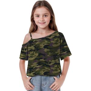 Arshiner Girls T Shirts Trendy Street Style One Shoulder Sleeve Casual Kids Blouse Soft Summer Tees Tops(Camo)