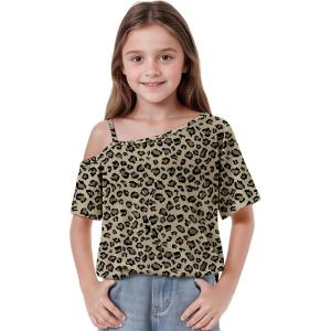 Arshiner Girls T Shirts Trendy Street Style One Shoulder Sleeve Casual Kids Blouse Soft Summer Tees Tops(Leopard Print)