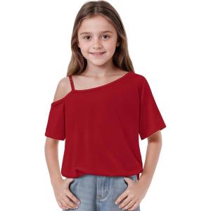 Arshiner Girls T Shirts Trendy Street Style One Shoulder Sleeve Casual Kids Blouse Soft Summer Tees Tops(Red)