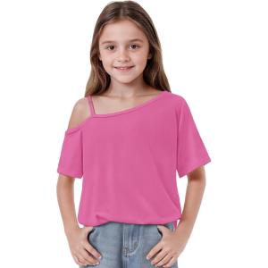 Arshiner Girls T Shirts Trendy Street Style One Shoulder Sleeve Casual Kids Blouse Soft Summer Tees Tops(Rose Red)