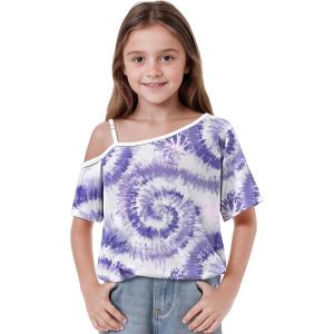 Arshiner Girls T Shirts Trendy Street Style One Shoulder Sleeve Casual Kids Blouse Soft Summer Tees Tops(Tie Dye Purple)