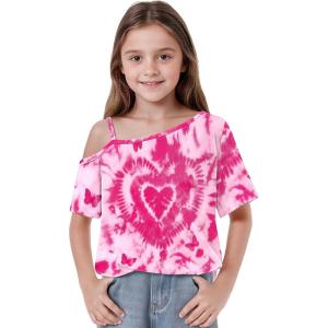 Arshiner Girls T Shirts Trendy Street Style One Shoulder Sleeve Casual Kids Blouse Soft Summer Tees Tops(Tie Dye Red Heart)