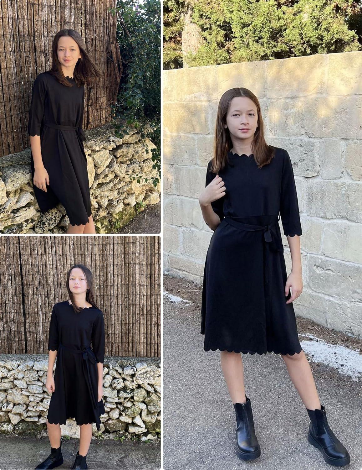 image:imageArshiner Girls Party Dress Scallop Trim Belted ALine Formal Midi Dresses with Pockets for 615YBlack