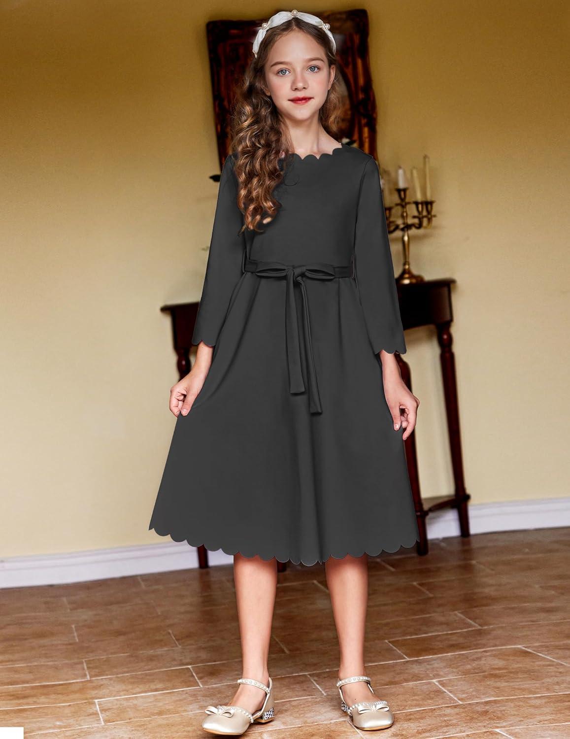 image:imageArshiner Girls Party Dress Scallop Trim Belted ALine Formal Midi Dresses with Pockets for 615YBlack