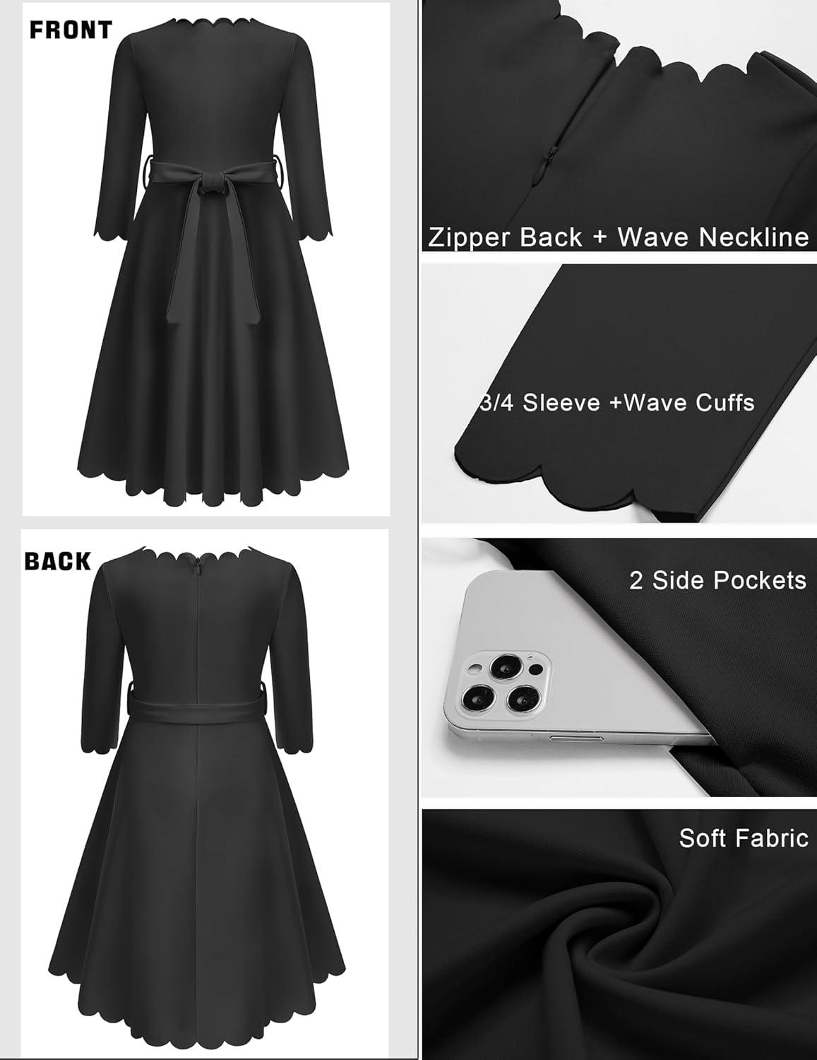 image:imageArshiner Girls Party Dress Scallop Trim Belted ALine Formal Midi Dresses with Pockets for 615YBlack