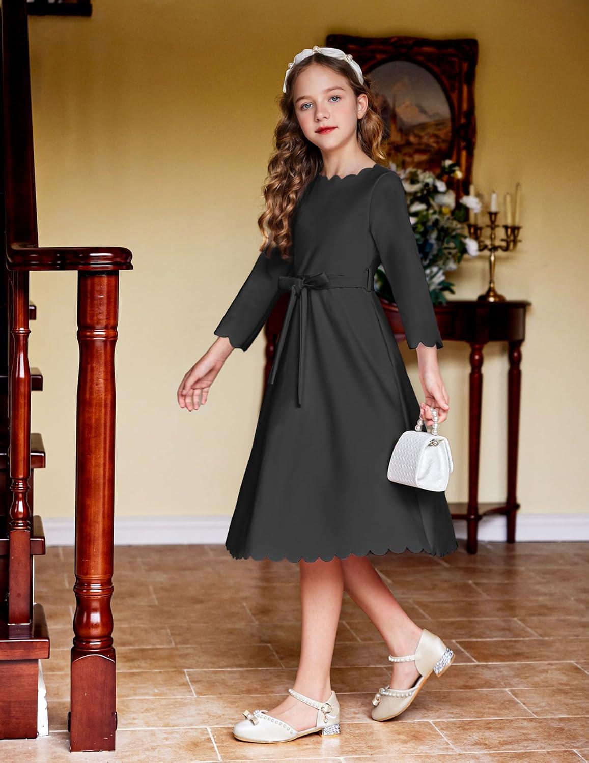 image:imageArshiner Girls Party Dress Scallop Trim Belted ALine Formal Midi Dresses with Pockets for 615YBlack