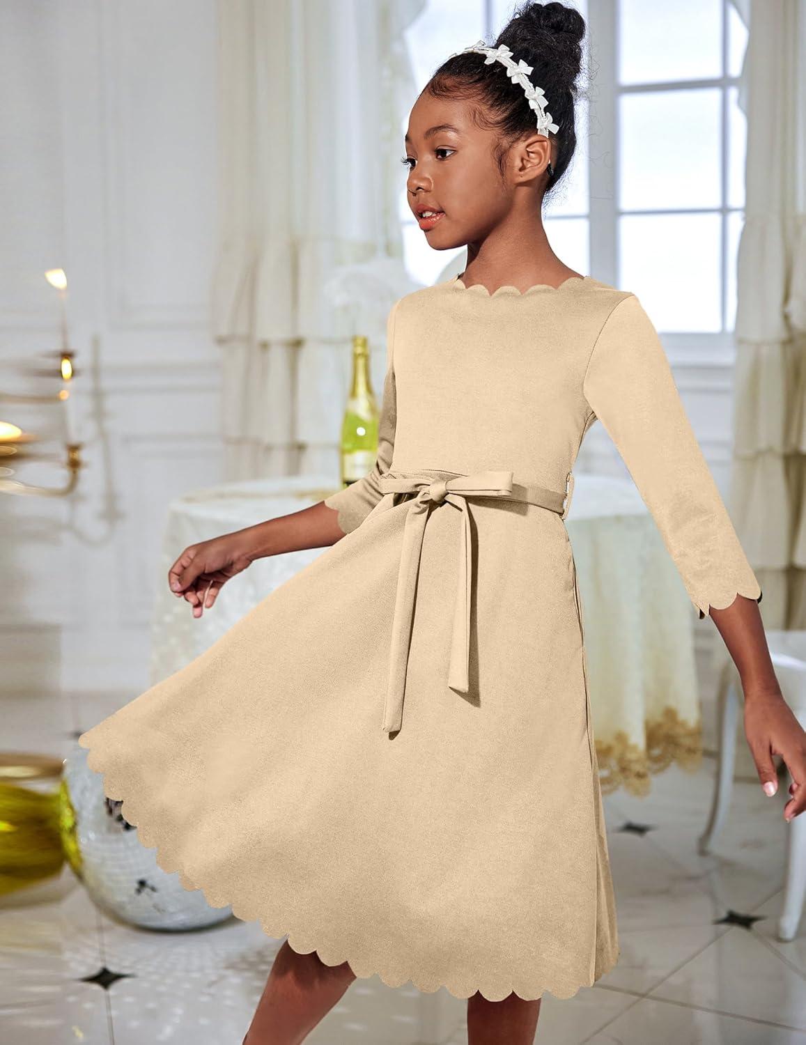 image:imageArshiner Girls Party Dress Scallop Trim Belted ALine Formal Midi Dresses with Pockets for 615YLight Brown
