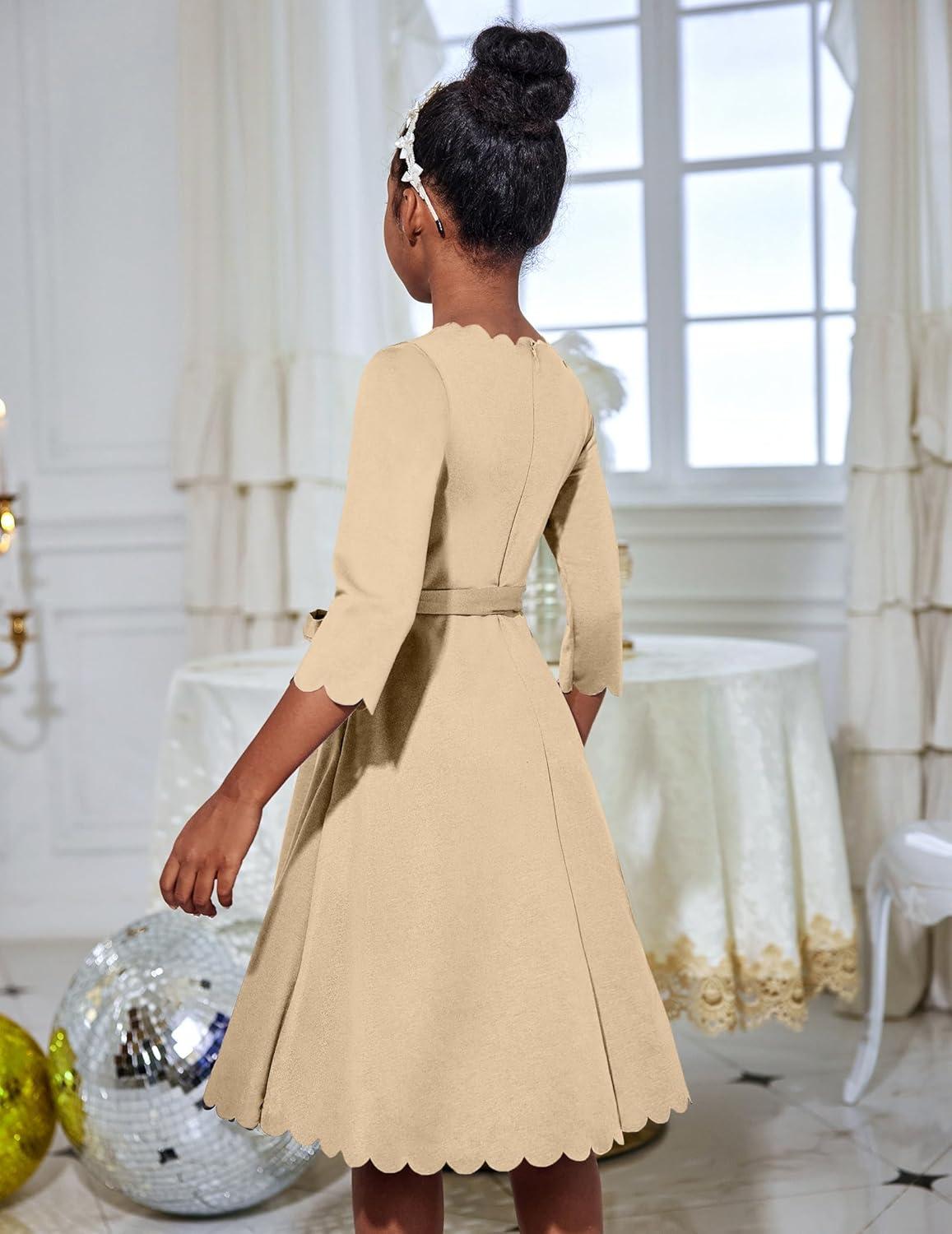 image:imageArshiner Girls Party Dress Scallop Trim Belted ALine Formal Midi Dresses with Pockets for 615YLight Brown