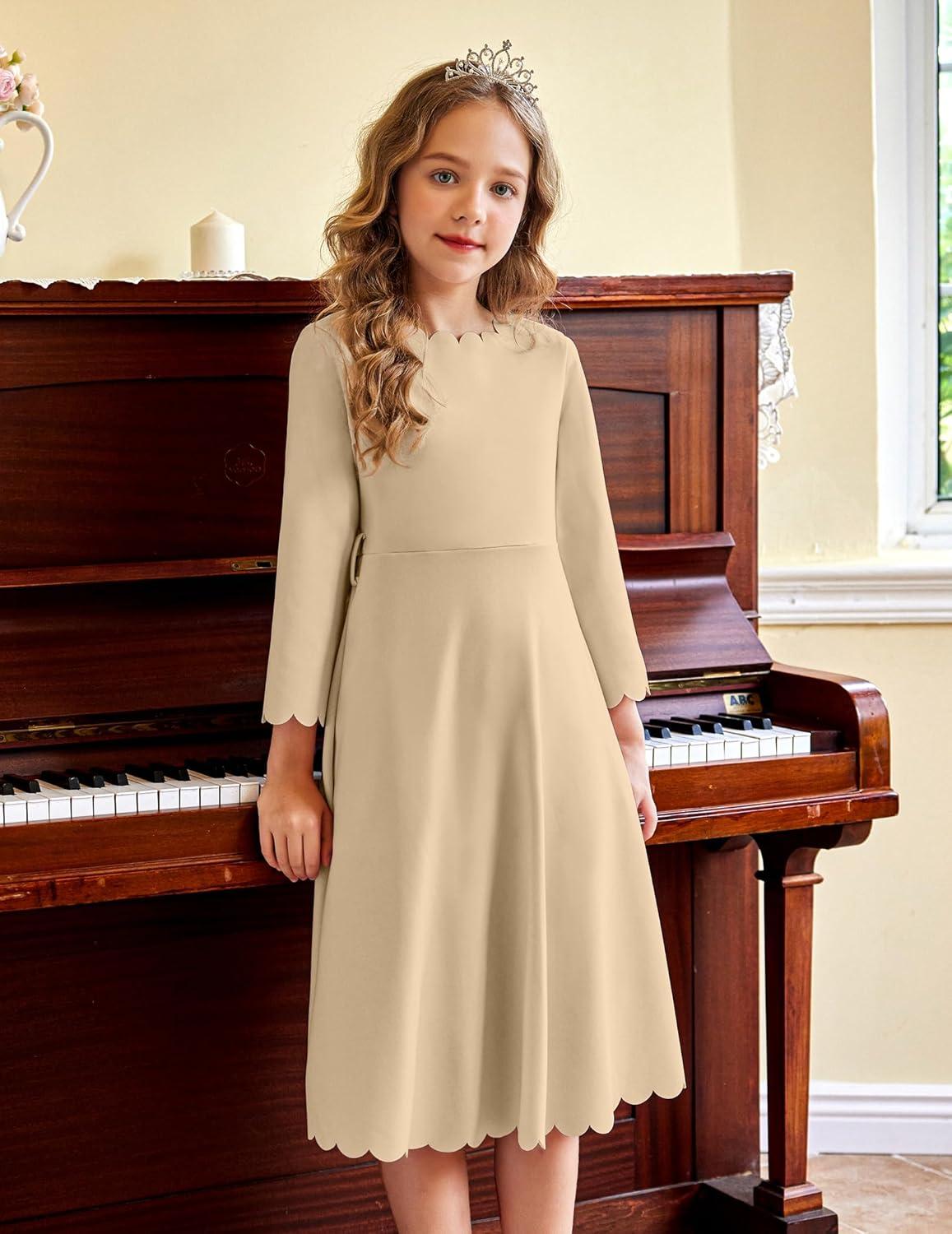 image:imageArshiner Girls Party Dress Scallop Trim Belted ALine Formal Midi Dresses with Pockets for 615YLight Brown
