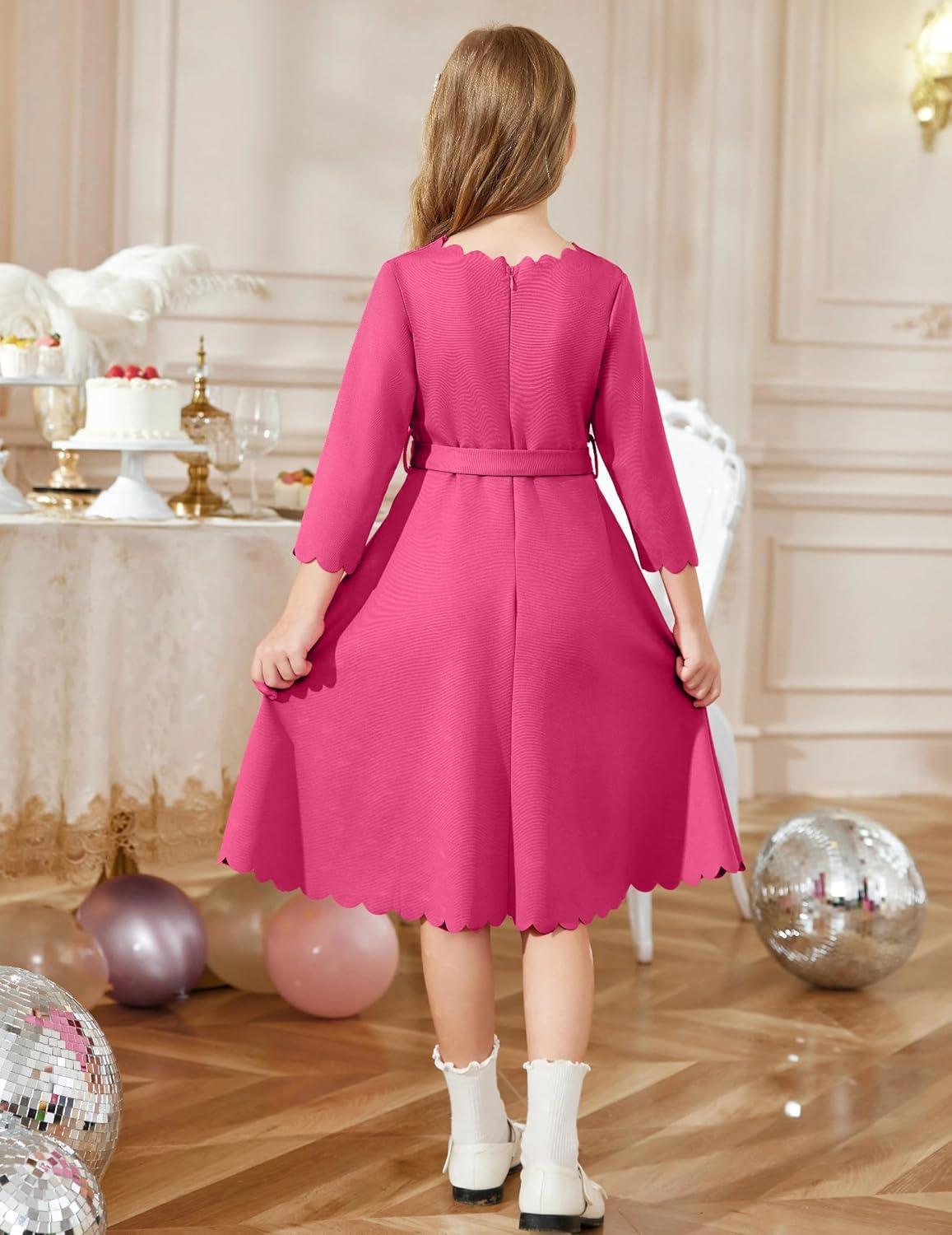 image:imageArshiner Girls Party Dress Scallop Trim Belted ALine Formal Midi Dresses with Pockets for 615YRose Red