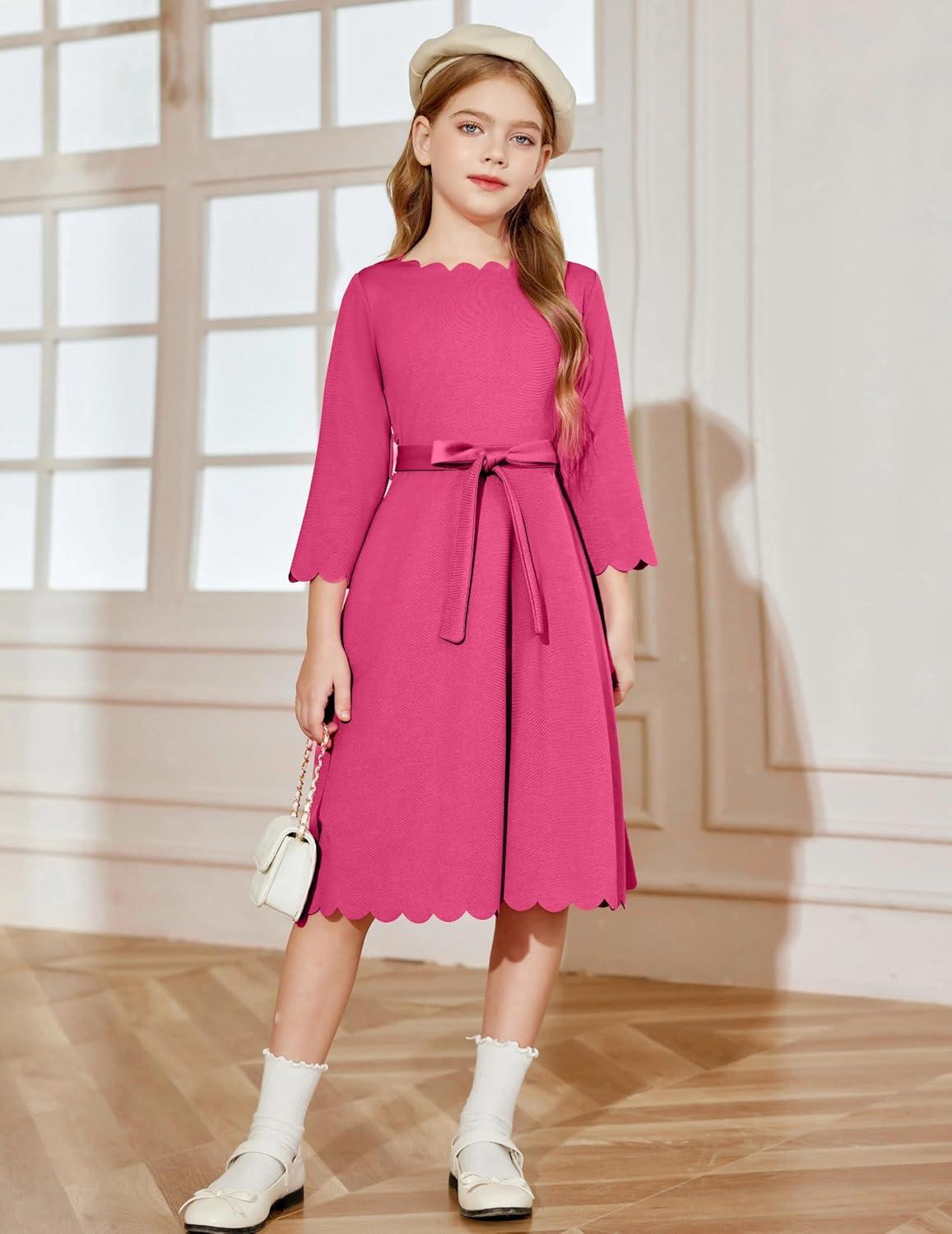 image:imageArshiner Girls Party Dress Scallop Trim Belted ALine Formal Midi Dresses with Pockets for 615YRose Red