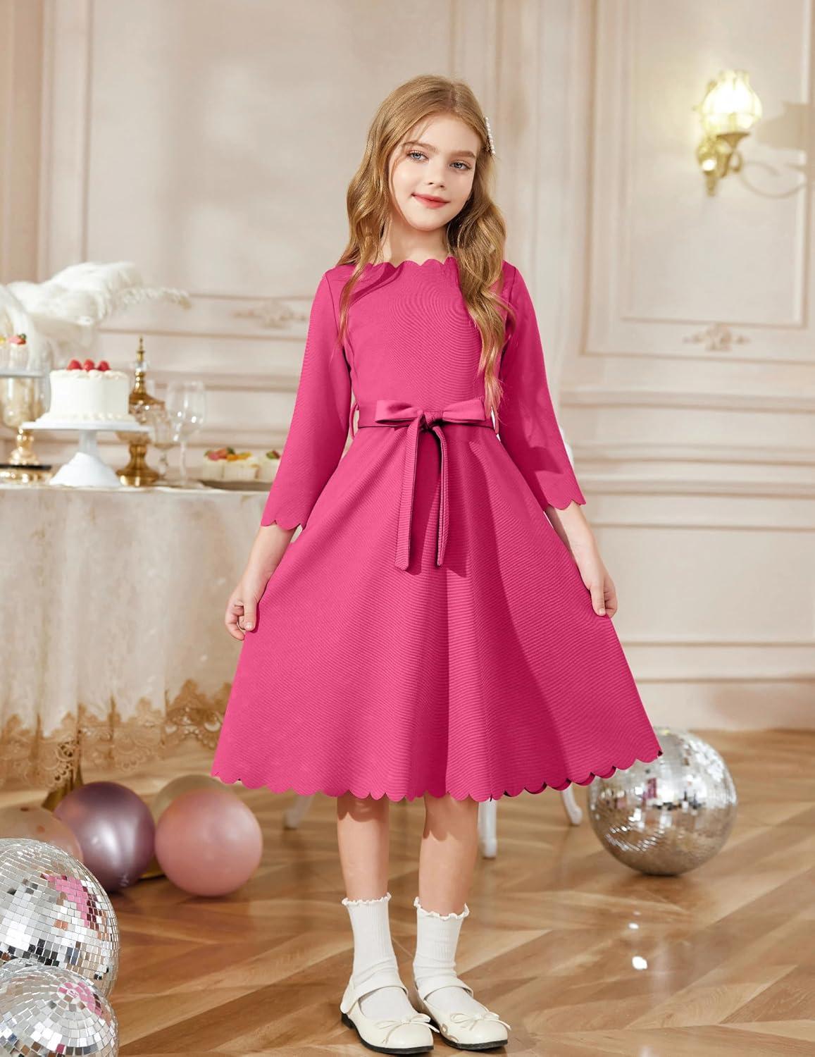 image:imageArshiner Girls Party Dress Scallop Trim Belted ALine Formal Midi Dresses with Pockets for 615YRose Red
