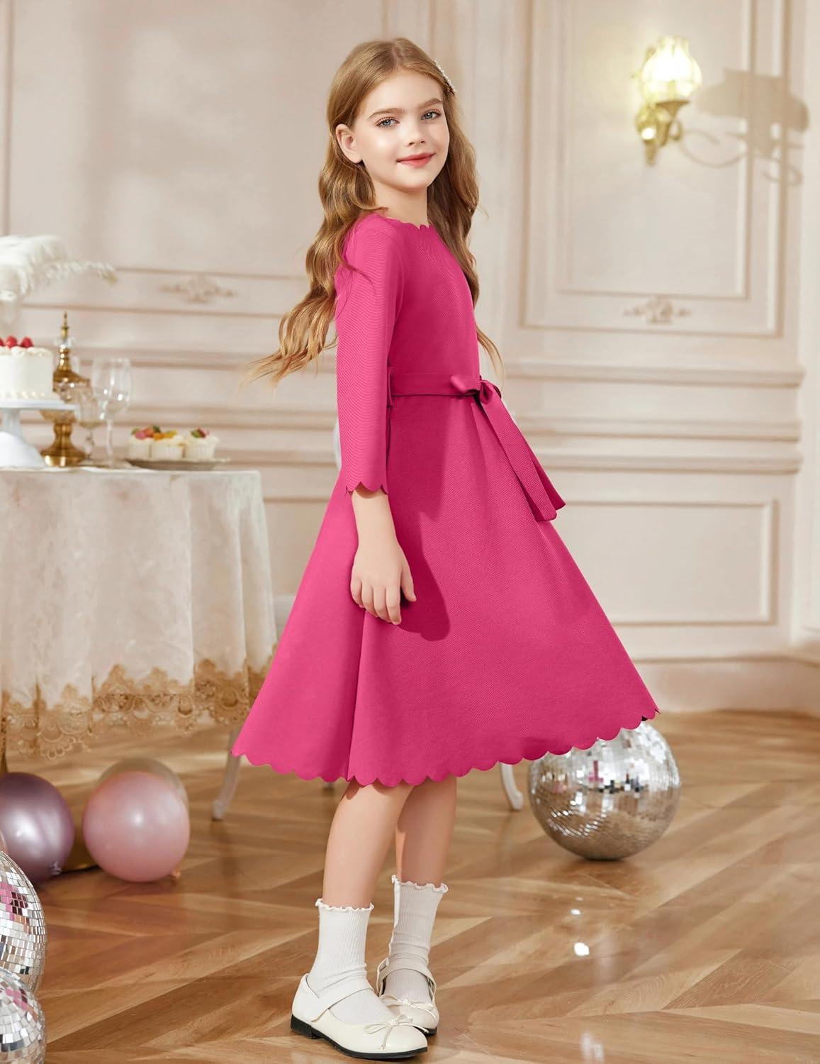 image:imageArshiner Girls Party Dress Scallop Trim Belted ALine Formal Midi Dresses with Pockets for 615YRose Red