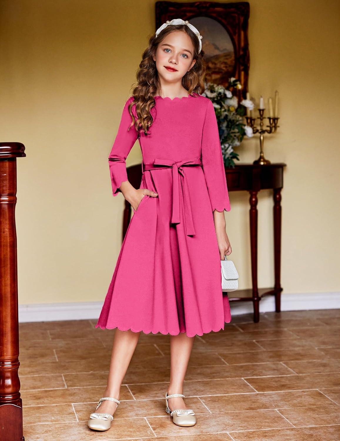 image:imageArshiner Girls Party Dress Scallop Trim Belted ALine Formal Midi Dresses with Pockets for 615YRose Red