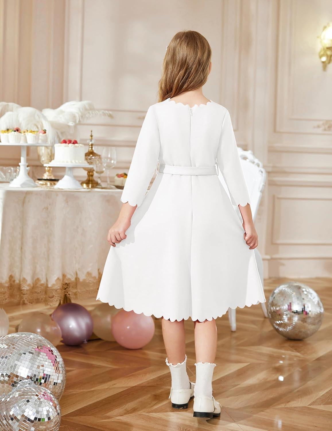 image:imageArshiner Girls Party Dress Scallop Trim Belted ALine Formal Midi Dresses with Pockets for 615YWhite