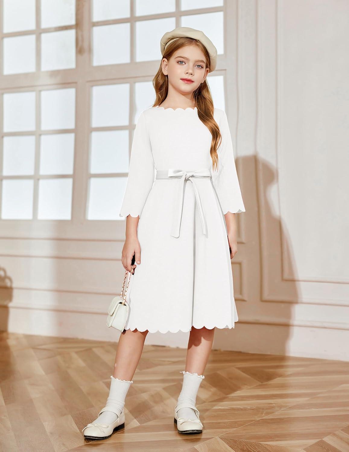 image:imageArshiner Girls Party Dress Scallop Trim Belted ALine Formal Midi Dresses with Pockets for 615YWhite