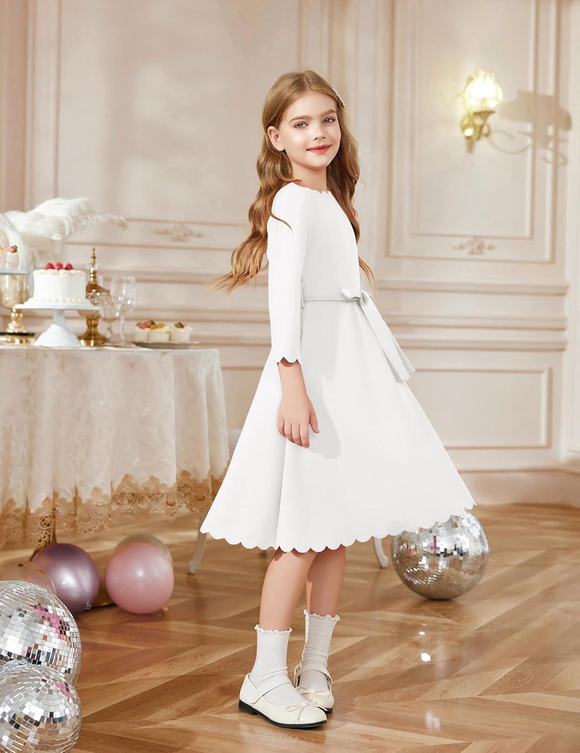 image:imageArshiner Girls Party Dress Scallop Trim Belted ALine Formal Midi Dresses with Pockets for 615YWhite