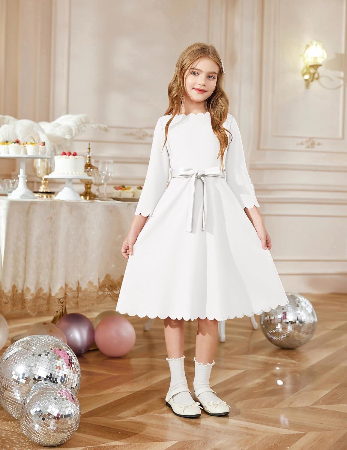 image:imageArshiner Girls Party Dress Scallop Trim Belted ALine Formal Midi Dresses with Pockets for 615YWhite